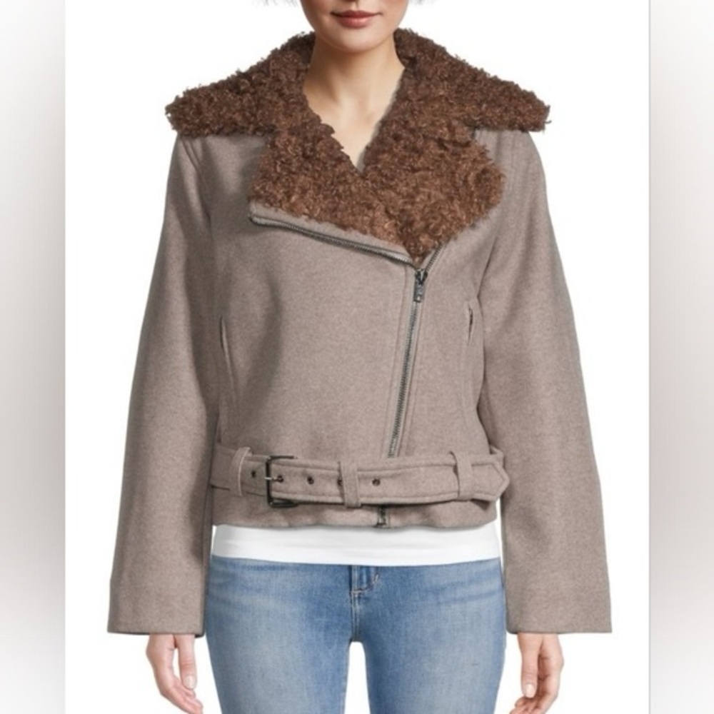 DH New York Taupe Faux Fur Zip Biker Jacket XS
